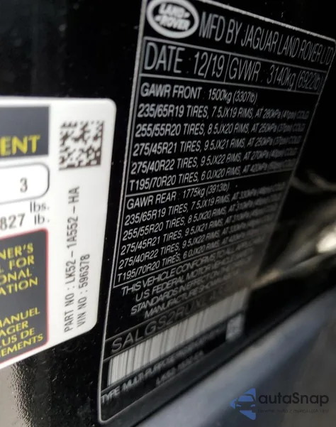 2020 Land Rover Range Rover Hse из США, поврежденный, VIN SALGS2RUXLA596378